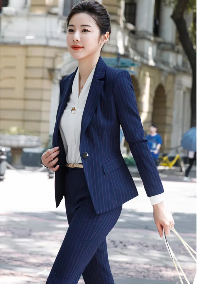 Женские деловые черные белые синие брюки с полосками женские костюмы плюс размер