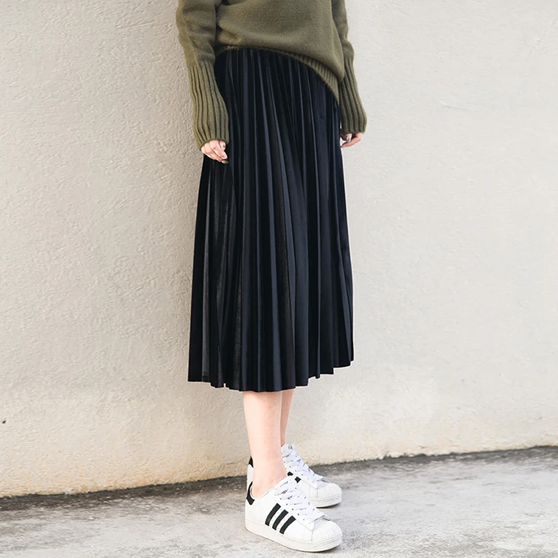 

Bella Philosophy Winter Women Long Skirt Vintage Female Pleated Velvet Skirt High Waist Mid Calf Plus Size S-6XL