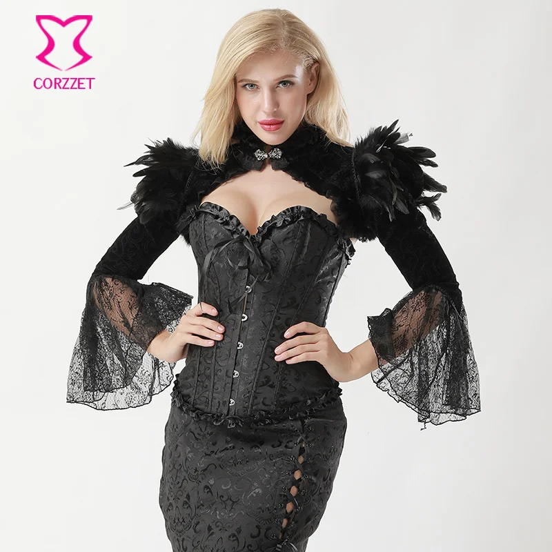 Corzzet Victorian Black Flanne Feathers Long Sleeve Jacket With Corsets And Bustiers Women Costume Retro Steampunk Clothing