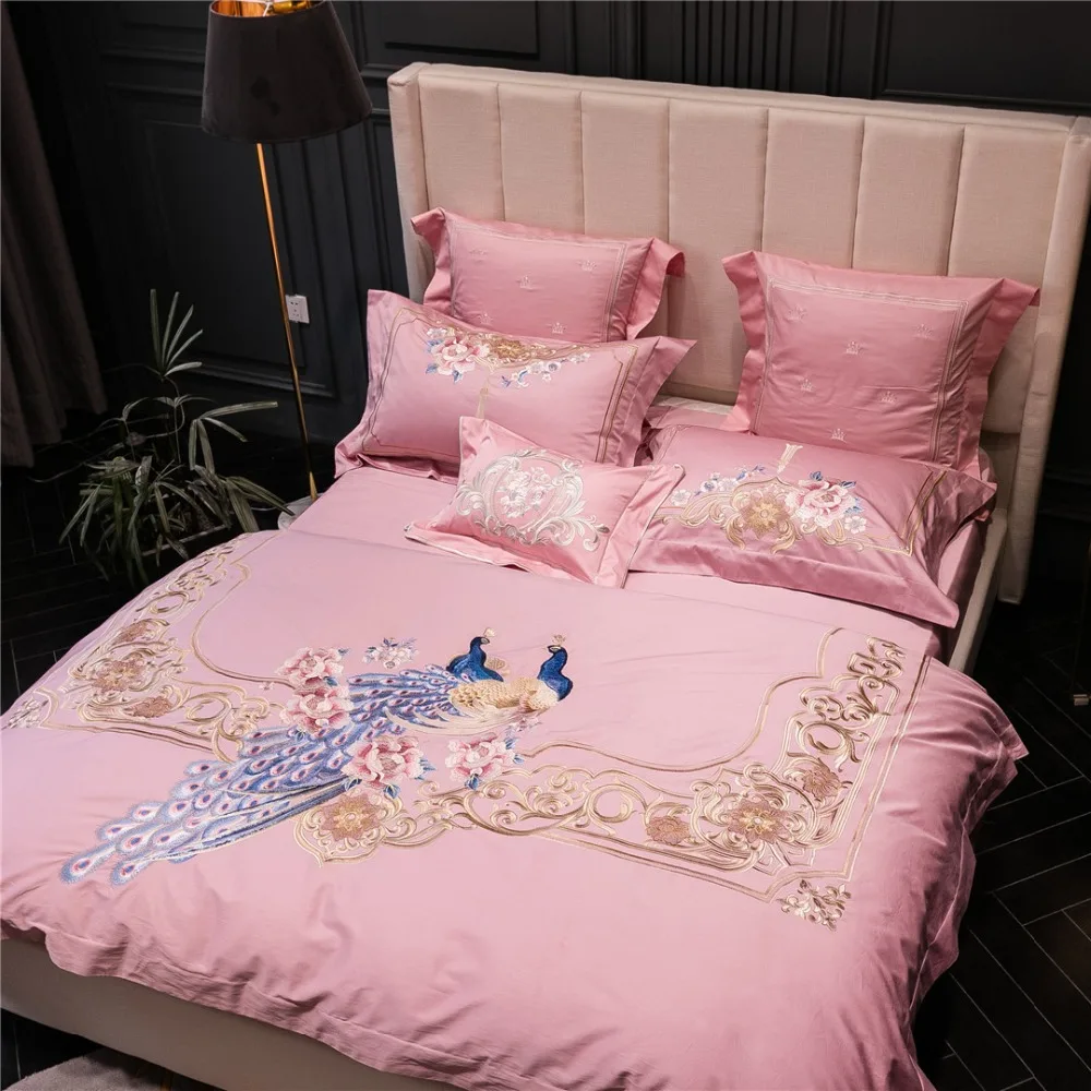 Noble 100S Egyptian cotton Embroidered Bedding sets Peacock Queen King Princess Duvet cover Bed sheet set Pillowcases 4/6pc Pink | Дом и сад