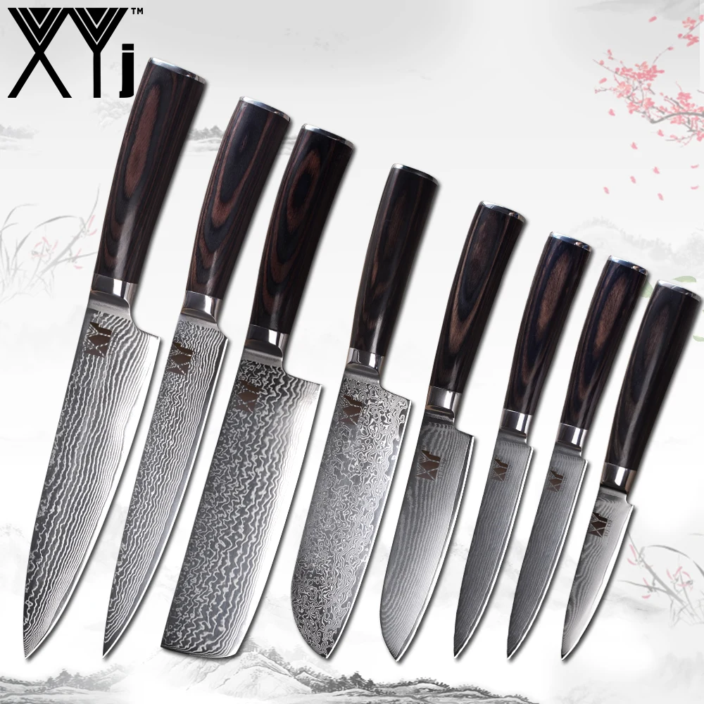 XYj VG10 Core 67 Слои Дамаск Сталь Ножи набор фруктов универсальный нож Santoku разделочные