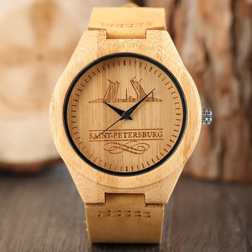 

Russian City Bamboo Watch Saint Petersburg Landmark Carving Dial Casual Men Women Wooden Wristwatch Souvenir Gifts Wood Clock