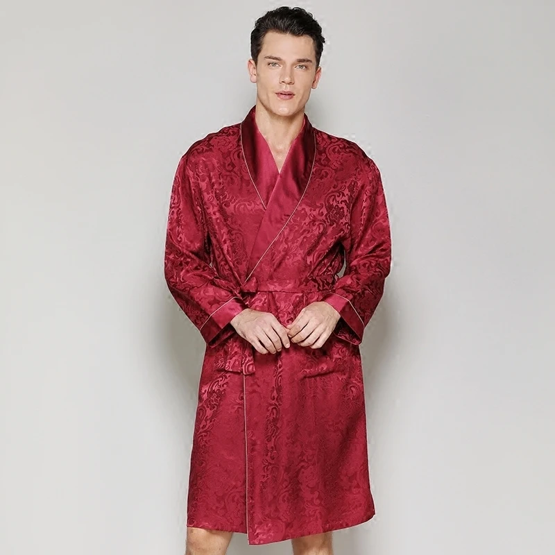 

Pijamas Male 2019 New Men Luxury Bathrobe red pure silk Robes Imitation 100%Silk Sleepwear Full Sleeve Nightwear man silk robes