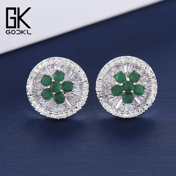 Green GODKI модные корейские Цветочные серьги-гвоздики для женщин, свадебные кубические циркониевые хрустальные CZ богемные дубайские Свадебные серебряные серьги-гвоздики - Окраска металла: Green