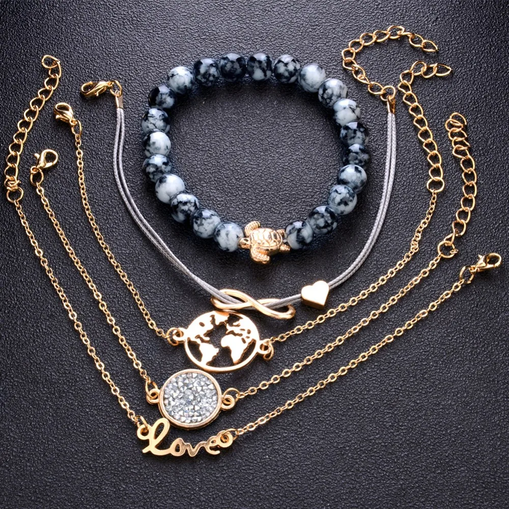 Элегантные серые браслеты с бусинами богемная творческая карта мира черепаха