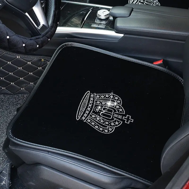 1pc front pad Из плюша на сиденье автомобиля на лицевой стороне присутствует украшение(Корона со стразами авто Интерьер подушки аксессуары черный Универсальный Размеры зимняя чехлы сидений автомобиля для укладки волос - Название цвета: 1pc front pad