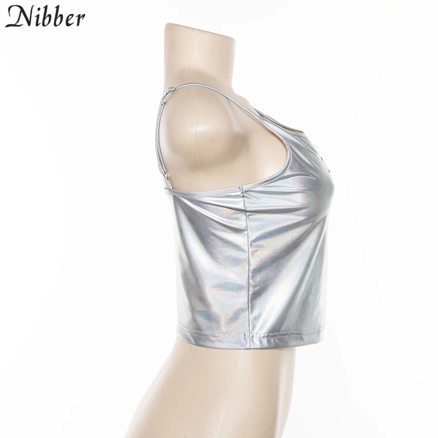 Nibber весенние модные блестящие серебряные укороченные топы camisole женские новые футболки с короткими рукавами женские повседневные Клубные праздничные безрукавки