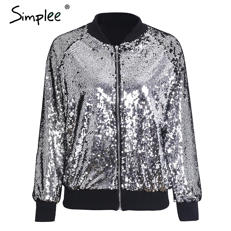 Simplee серебряные блестки жакет на молнии пальто осень зимняя одежда с длинным