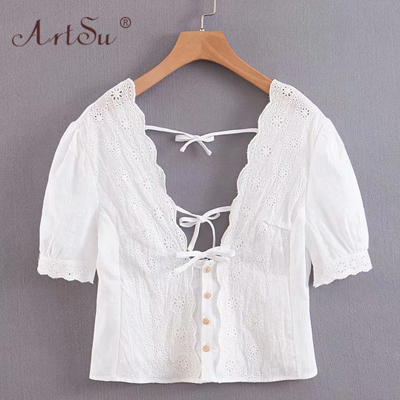 ArtSu Retro Boho Short Puff Sleeve Summer Lace Crochet Hollow Out Crop Top V-Neck Sexy Women White Shirt Backless Up Blouse | Женская