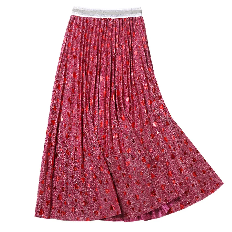 

2019 Spring New Arrival Bright Silky Pleated Skirt High Waist Faldas Largas Elegantes Heart Print Ladies Skirts clothes