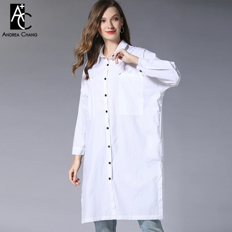 summer spring woman dress shirt black white knee length cotton fashion casual office straight plus size | Женская одежда
