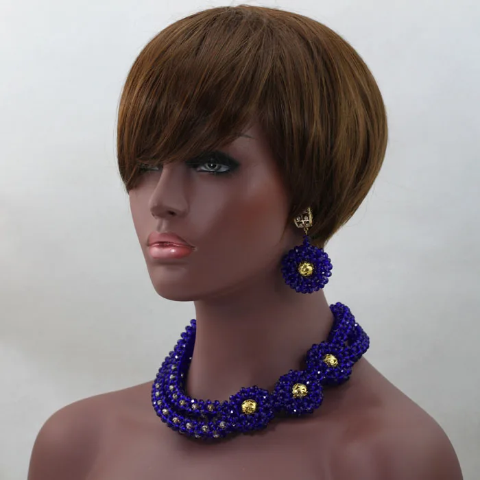 Latest African Jewelry Set Blue Mix Gold Nigerian Wedding Crystal Beads Necklaces Sets Free Shipping HX596 | Украшения и