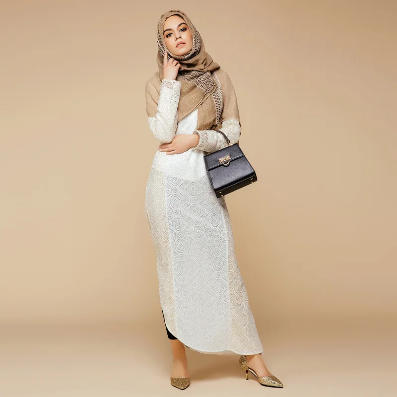 Модное Длинное мусульманское платье с длинным рукавом чисто белое сексуальное