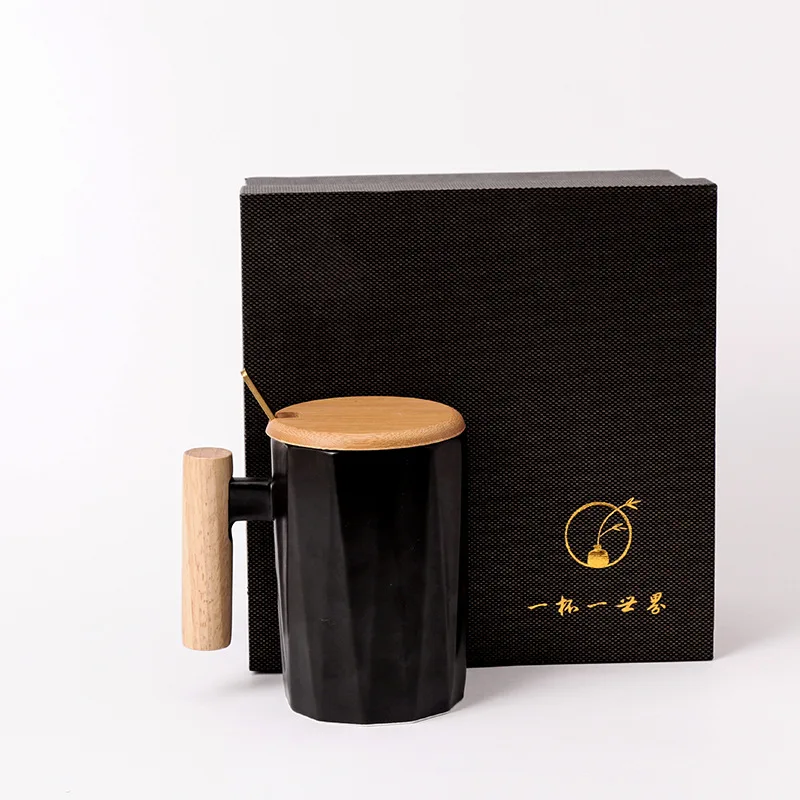 black with box 330 мл простая Кружка для офиса в скандинавском стиле креативная художественная чашка для воды, кофе с деревянной ручкой керамическая чашка для чая 11,2*7,2 см - Цвет: black with box
