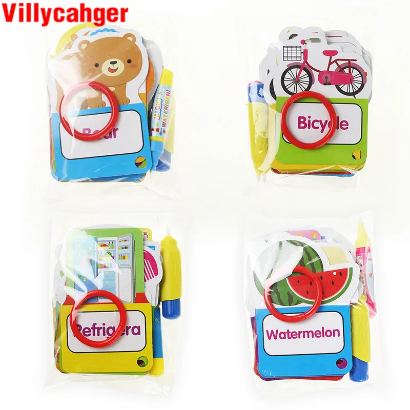 

4 Style Water Drawing Doodle English Learning Cards & 2 Pen Reusable Early Recognize Card Painting Board Educational Toys