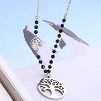 stainless steel tree of life pendant necklace for women black crystal beads long necklace party wedding fashion jewelry gifts