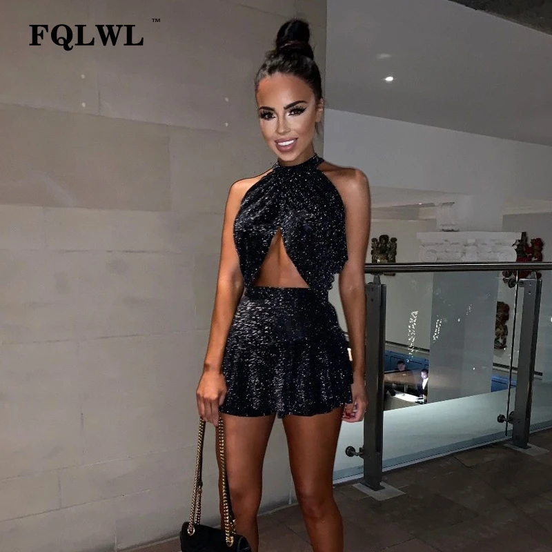 FQLWL Открытое платье с лямкой на шее блестящее из двух частей летнее женское