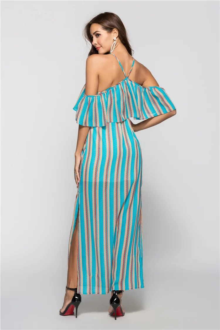 Женское шифоновое платье макси в полоску длинное пляжное с оборками и разрезом