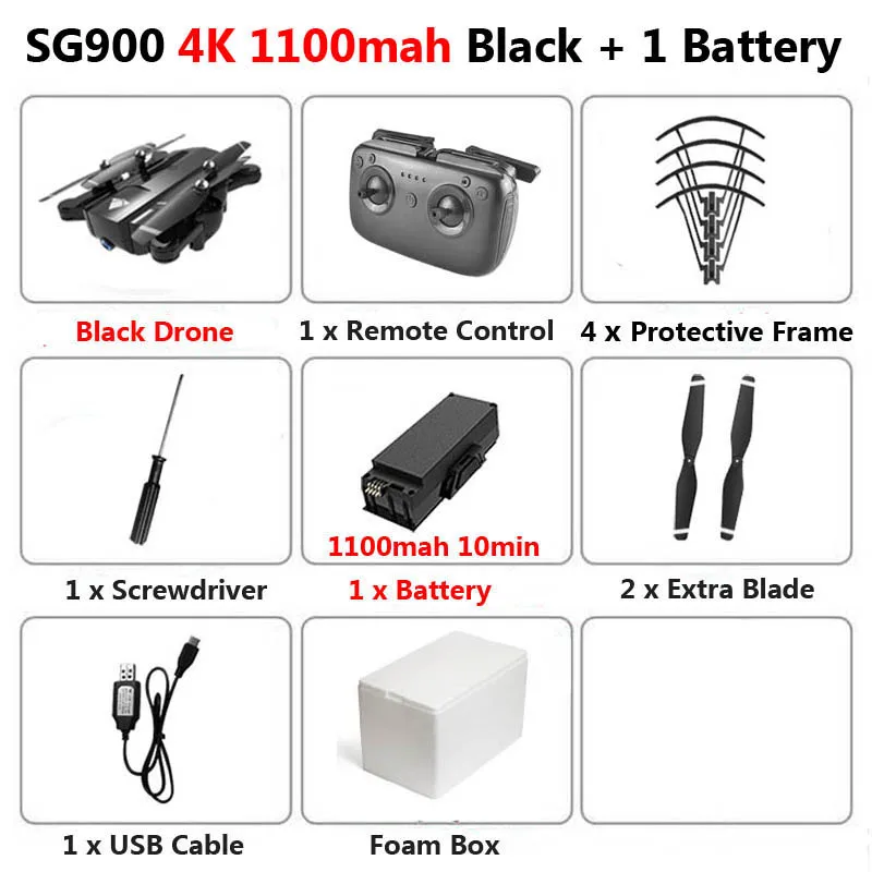 4K 1100 Black 1 Foam SG900 Профессиональный WiFi FPV Дрон 720P 4K HD Двойная камера оптическая воздушная видео RC Квадрокоптер самолет Квадрокоптер игрушки X192 - Цвет: 4K 1100 Black 1 Foam