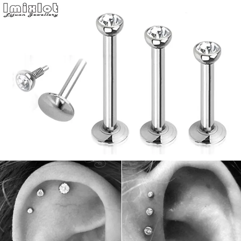 1 Пара Хирургическая сталь плоский CZ драгоценный камень уха хряща Tragus Спираль пирсинг Лабрет шпильки для губ кольцо внутренняя нить Украшения для тела