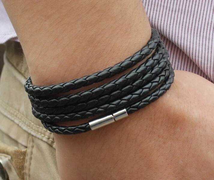 Античный сплав штекер пряжки Многослойные 5 кругов плетеный кожаный браслет