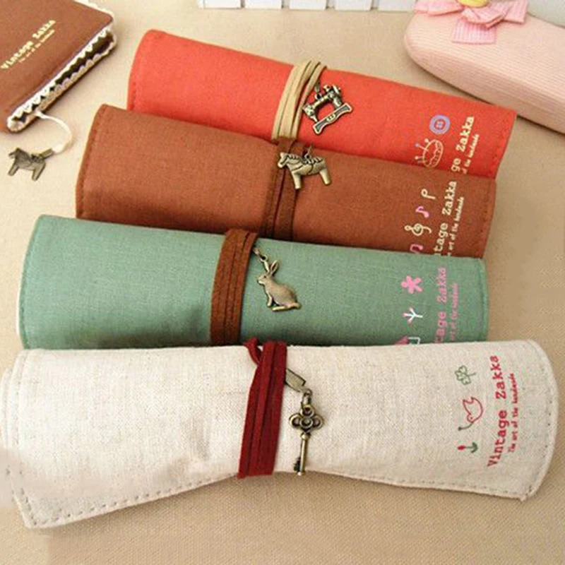

Cute Kawaii Canvas Fabric Rolls Pencil Case Solid Pen Bag with Pendant for Kids Children School Supplies 1pcs