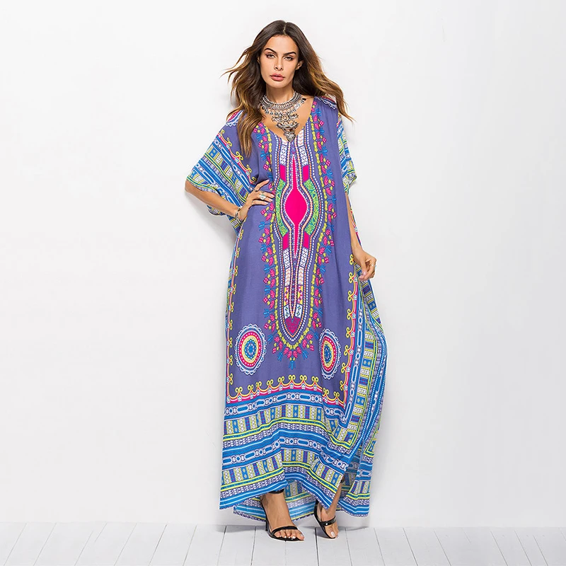 Женское длинное платье-макси с рукавами летучая мышь и V-образным вырезом |