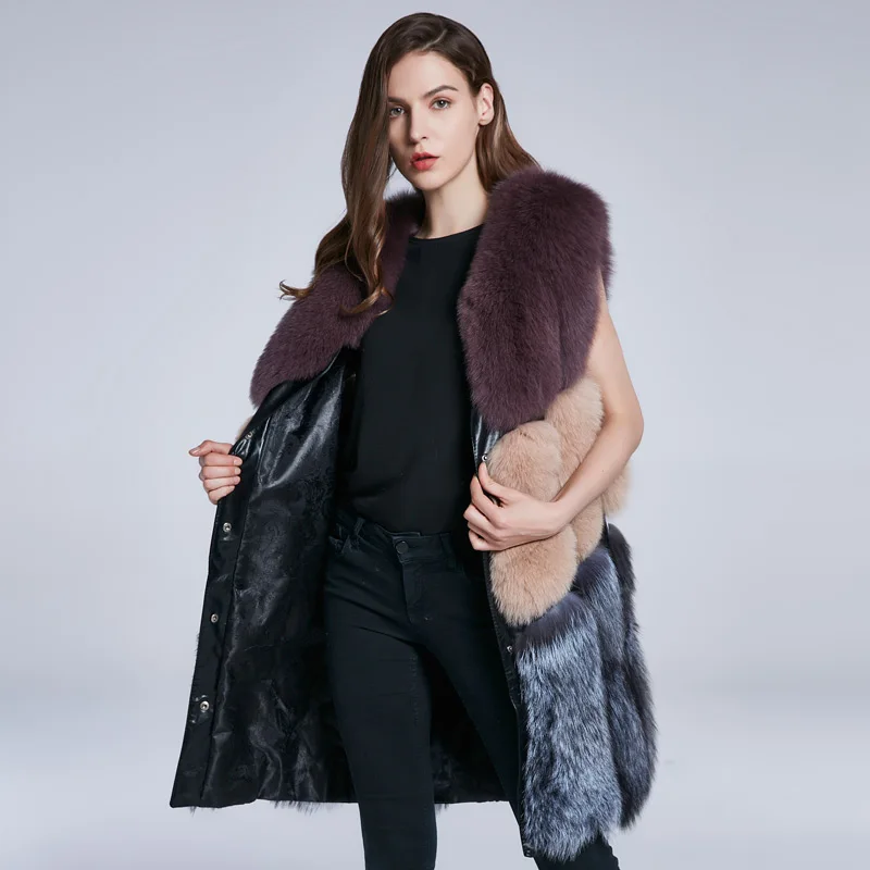 JKP осенне зимняя женская шуба из натуральной кожи с лисьим мехом Длинный жилет