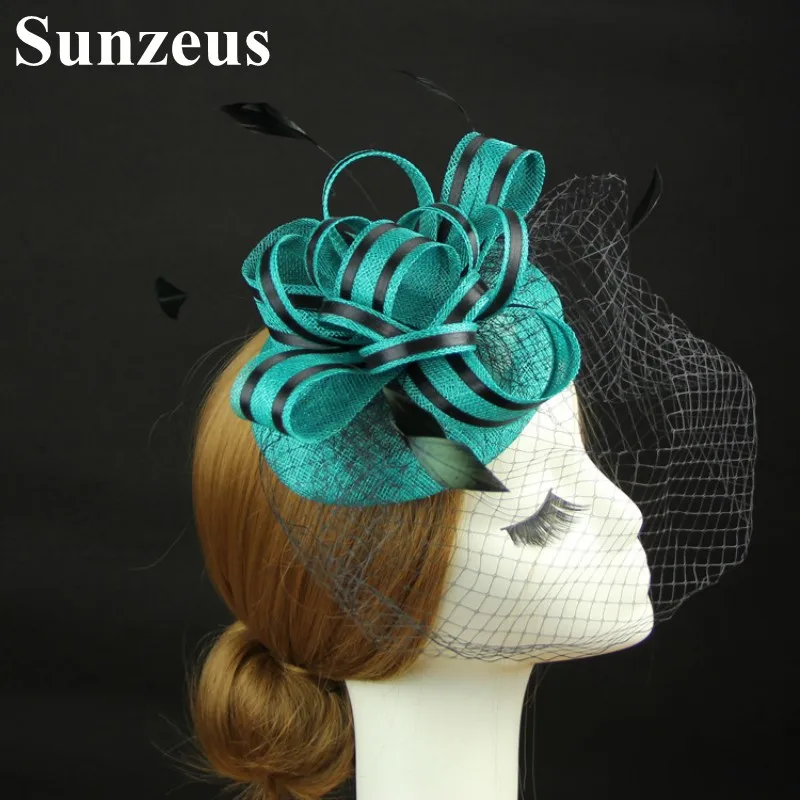 

Linen Bridal Hats Feathers Wedding Hair Accessories Tulle Face Veil Elegant Women's Party Hair Hats chapeau femme mariage SH54