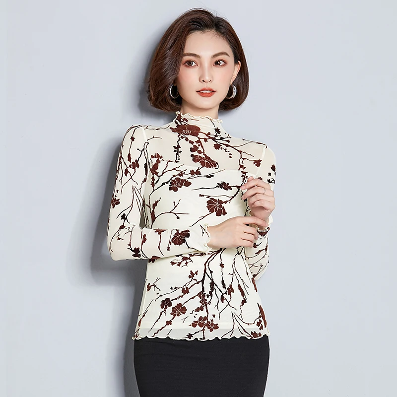 

Elegant Print Floral Mesh Blouses Women Vintage Turtleneck Long Sleeve Shirts Female Beige Gray Stretch Slim Tunic Ladies Tops