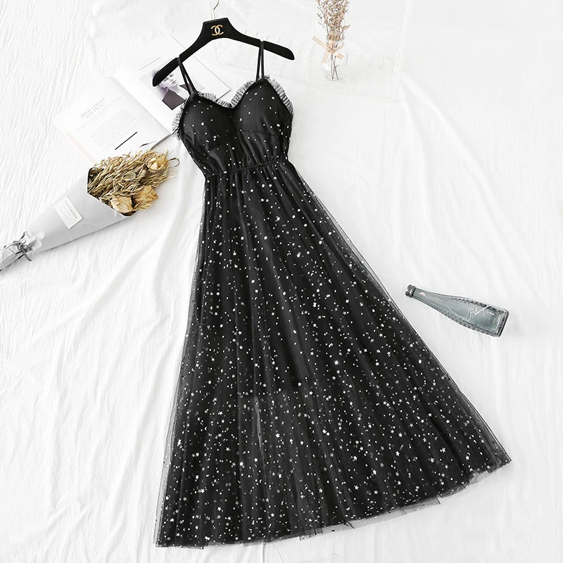 Женское платье на бретелях спагетти Элегантное повседневное с блестящими