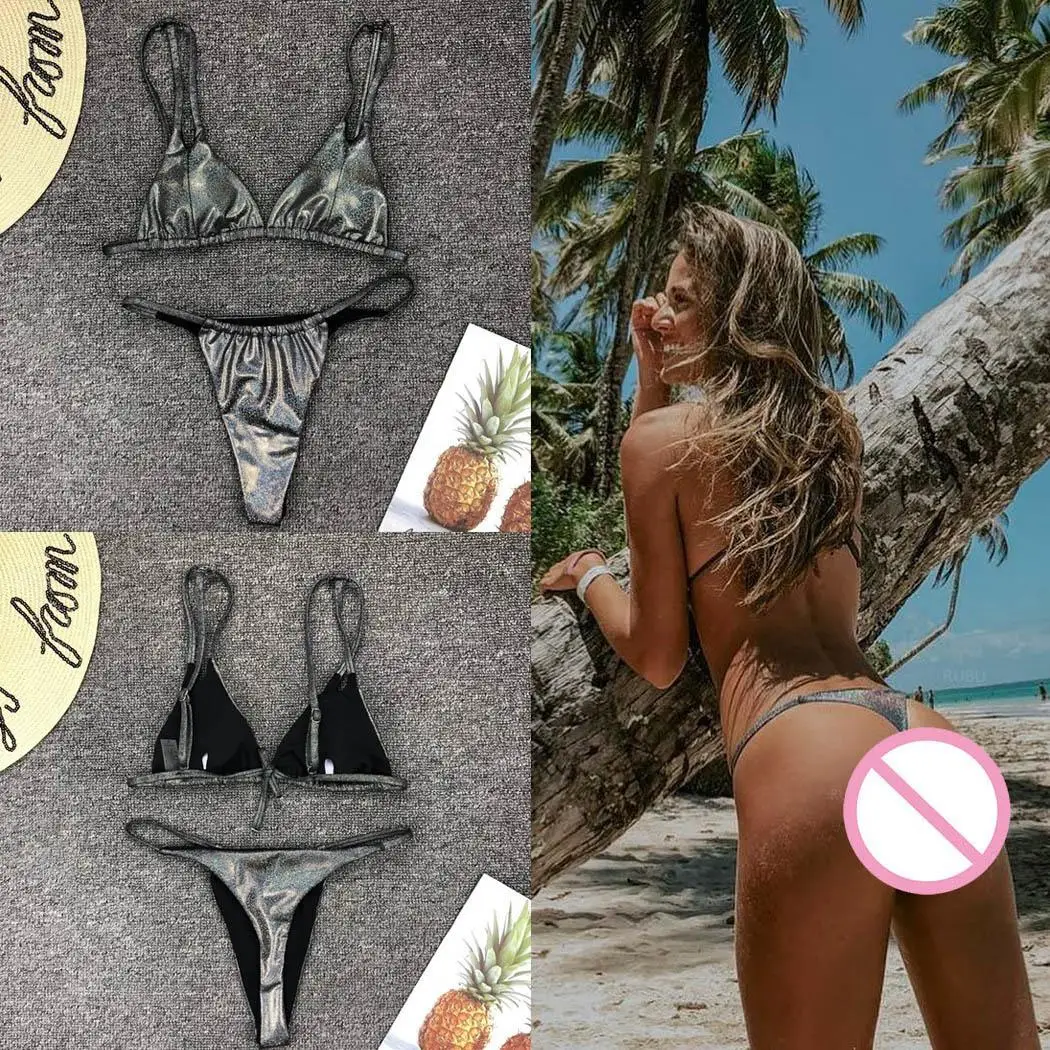 Women V Neck Adjustable Spaghetti Strap Bottom Yes Glitter Bikini Set Swimsuit Summer Fashion Beach Wire Free |