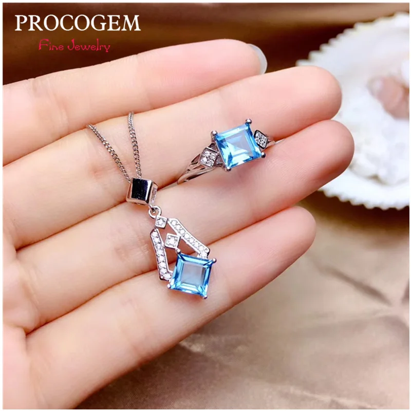 

PROCOGEM Trendy Natural Blue Topza Jewelry sets for women Party Genuine Gemstones with CZ Necklace Ring 925 Sterling silver #564