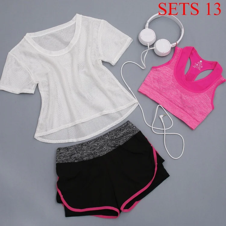 Women Sportwear 3 Pieces Suits Fitness Yoga Set T-Shirt&Bra&Shorts Sport Set Gym Clothes Sport Wear Training Suit Running,ZF197 - Цвет: Sets 13