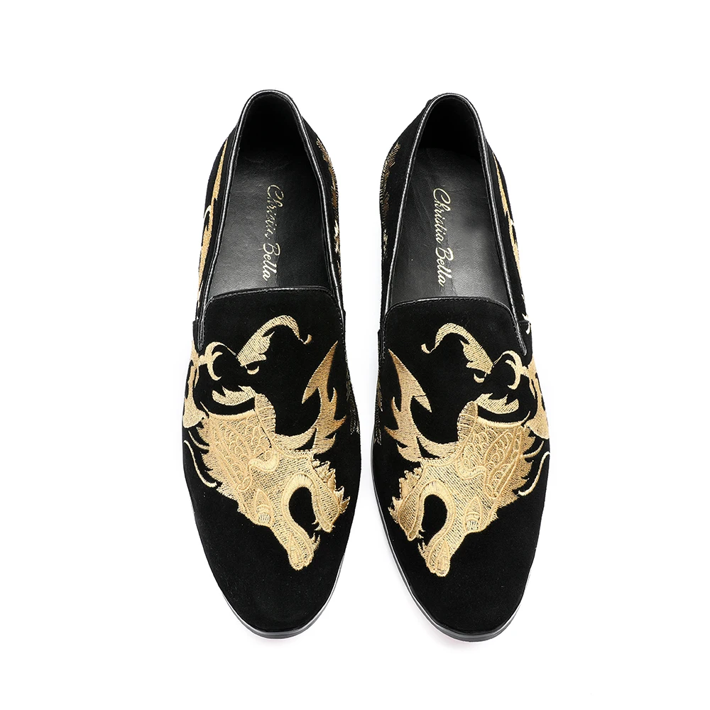Christia Bella Vintage Gold Embroidery Men Loafers Fashion Party Prom Dress Shoes Slip on Flats Plus Size Smoking Slippers | Обувь