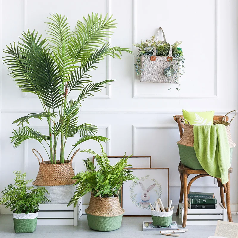 Hamdmake Flower Storage Basket pot Seagrass Rattan Laundry Basket Folding Woven Clothes Toy Sundries Home Storage Baskets
