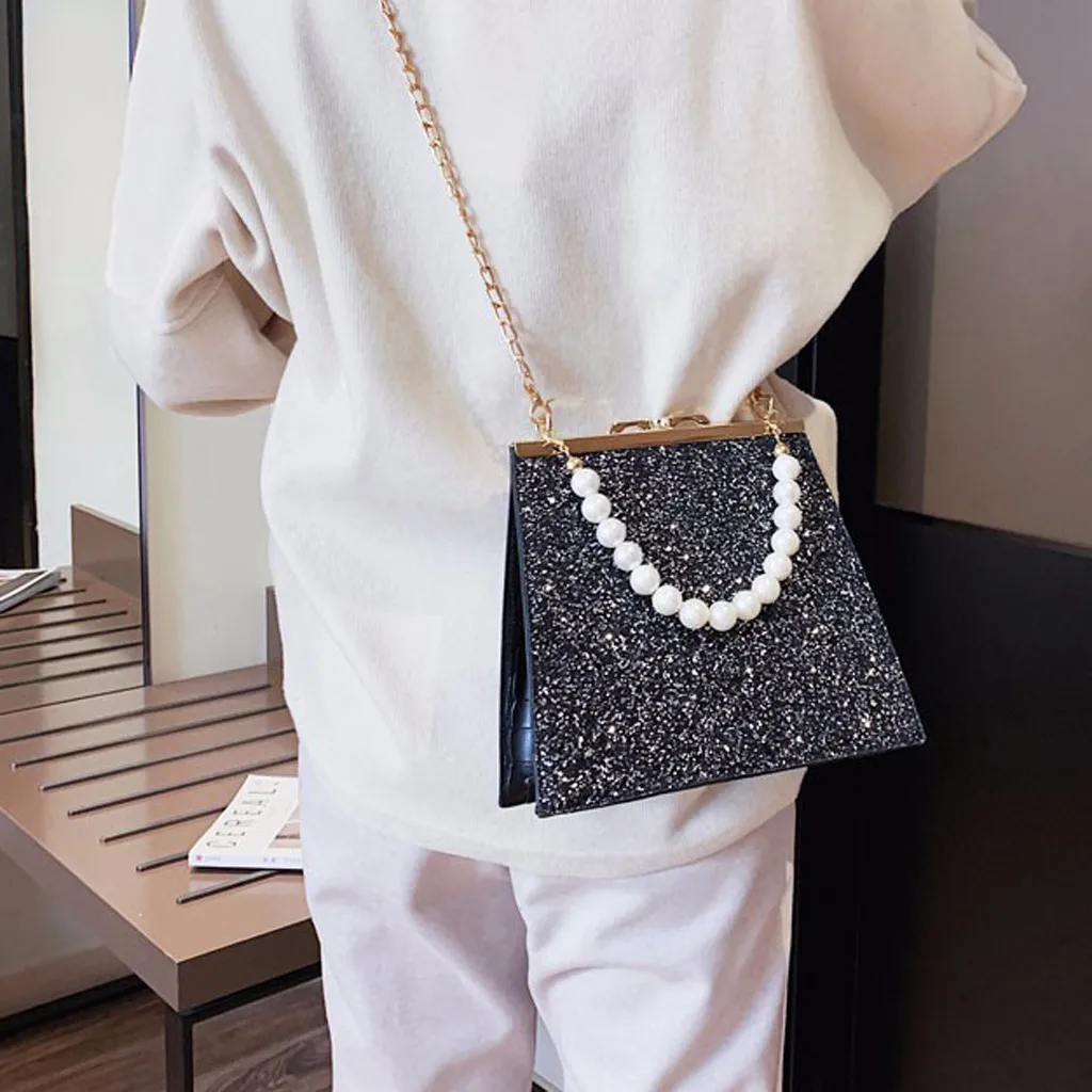 Женские сумки Bolsos Mujer, Женская жемчужная сумка через плечо, блестящая цепочка, кожаные красочные сумки-мессенджеры, сумка на плечо, сумка-тоут с жемчугом, сумка-мессенджер