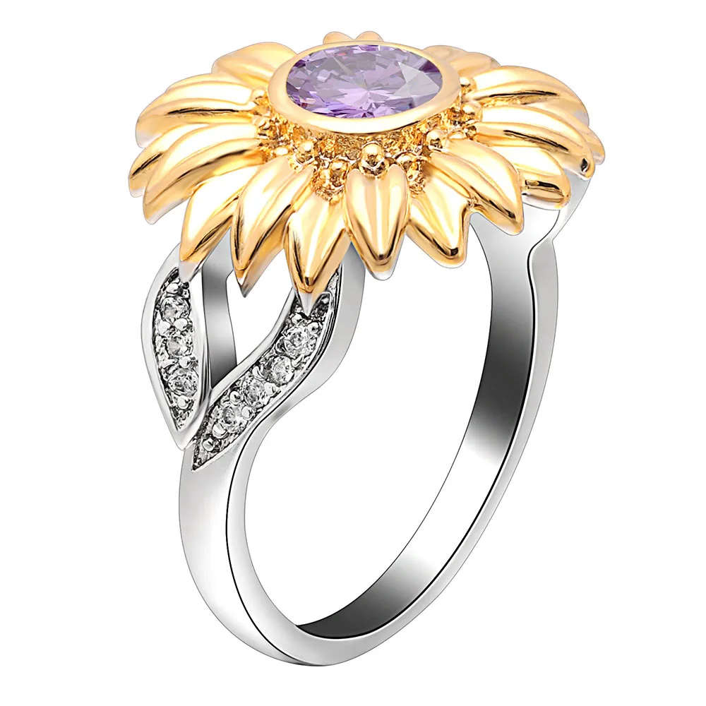 RZR321C-W UFOORO AAA CZ камень кольцо ювелирные изделия bague Femme серебряный цвет милый Подсолнух золото кристалл свадебные кольца для женщин подарок дропшиппинг - Цвет основного камня: RZR321C-W