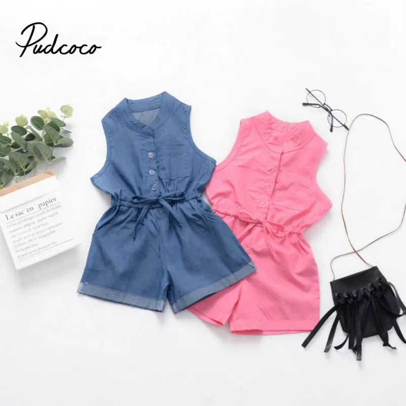 Милые комбинезоны летние без рукавов для девочек однотонный комбинезон