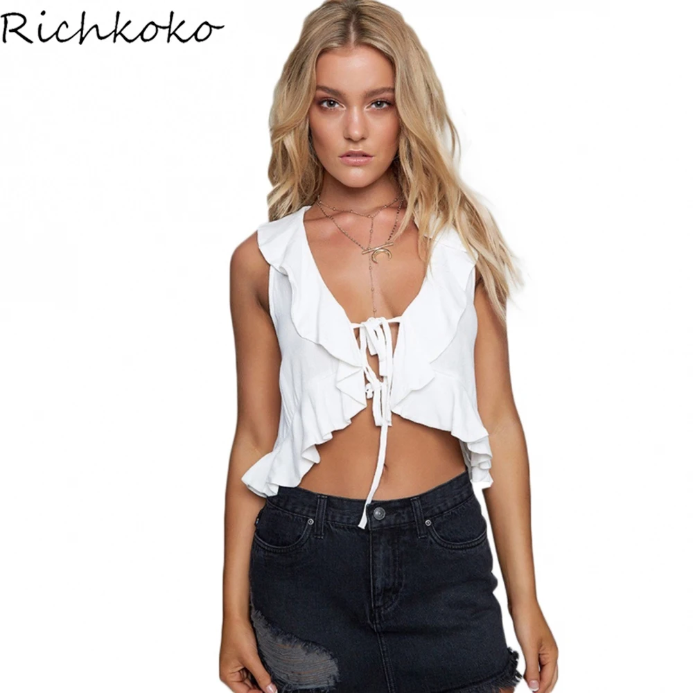 Richkoko 2017 г. белые пикантные Кружево до Для женщин Футболка оборками краткие Chic