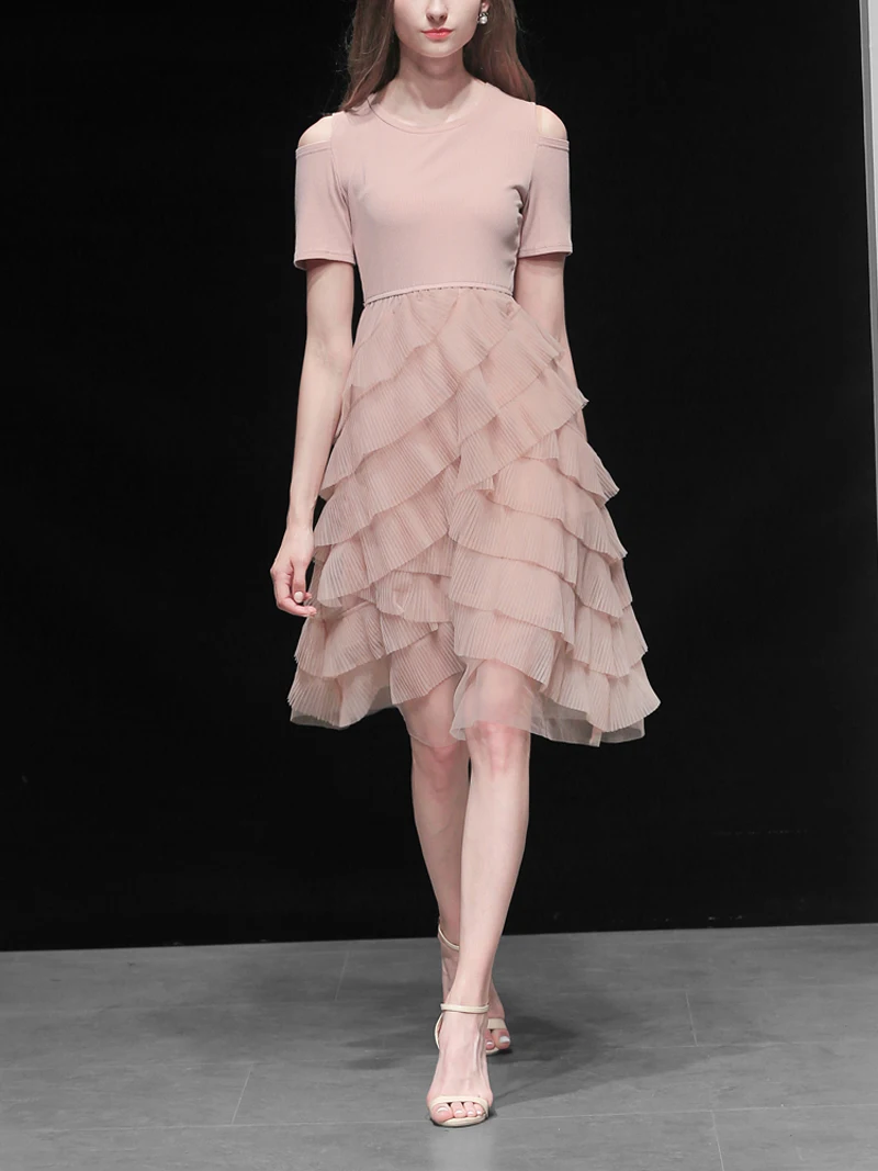 Женское многослойное платье с круглым вырезом открытыми плечами|Женские платья|