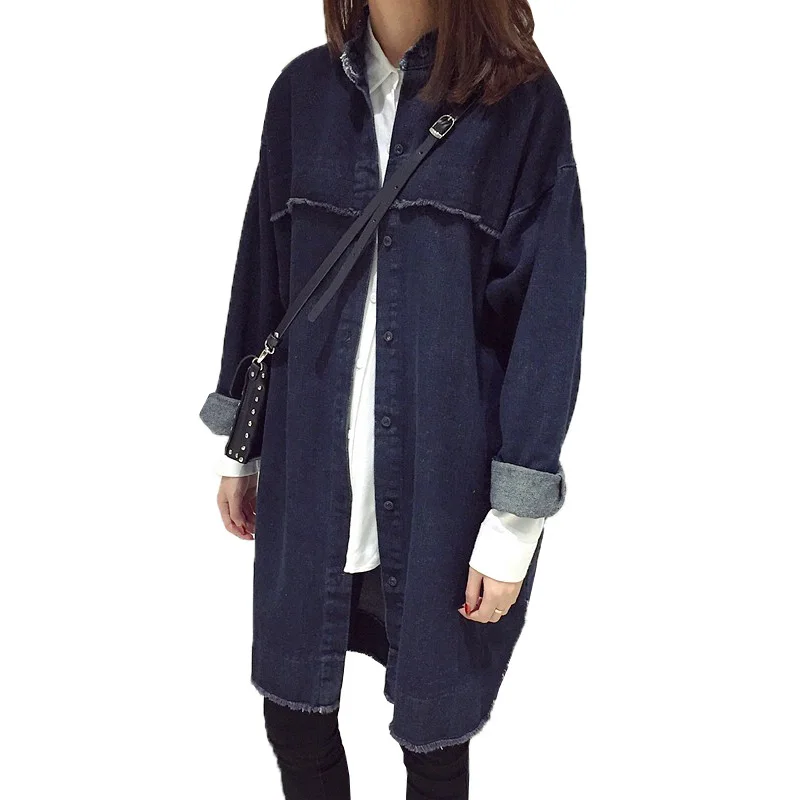 Новинка 2017 модная женская длинная джинсовая куртка весна осень BF стиль