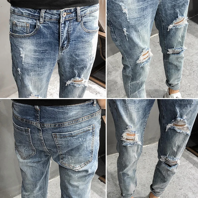 

Mens Cool Designer Brand Blue Jeans Skinny Ripped Destroyed Stretch Slim Fit Hop Hop Pants With Holes For Men Clothes 2019 34-28