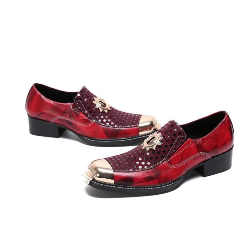 

European Men Red printing Loafers Metal Toe Square Head Business Wedding Slip-on 2020 High Quality Office Men Dress Shoes