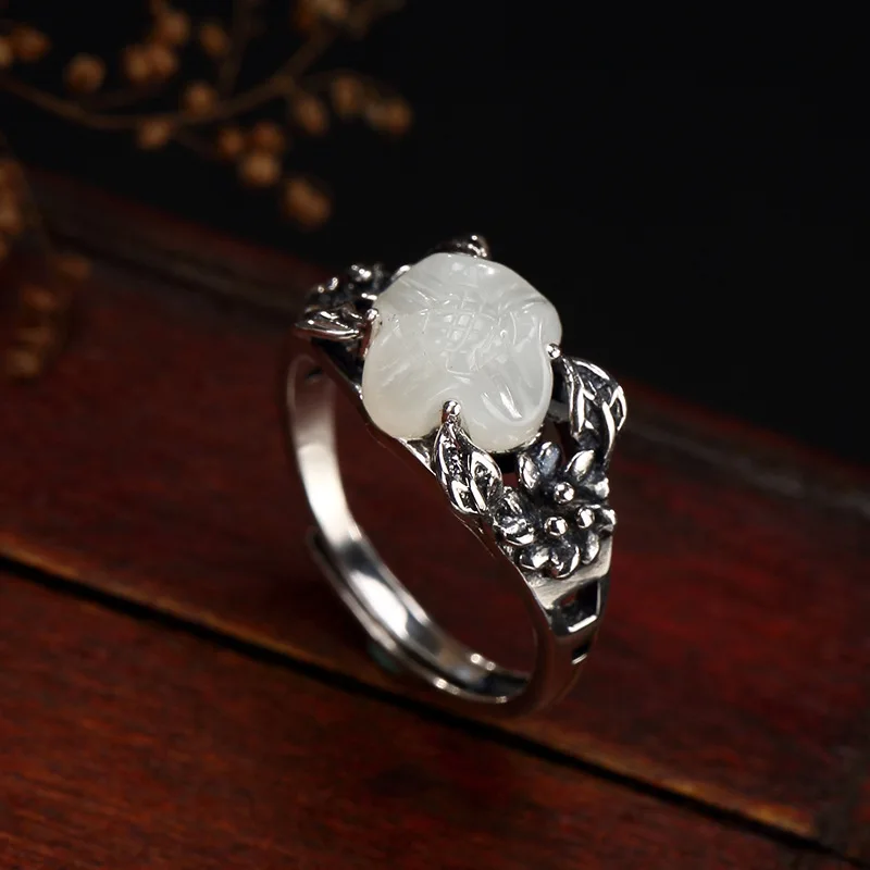 2018 Direct Selling Sale Women Anel Feminino S925 Sterling Retro Thai Natural Hetian Mosaic Lotus Lady Opening Ring Wholesale | Украшения и