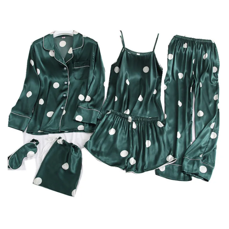 Женский Шелковый пижамный комплект из 7 предметов на весну и лето Атласный с