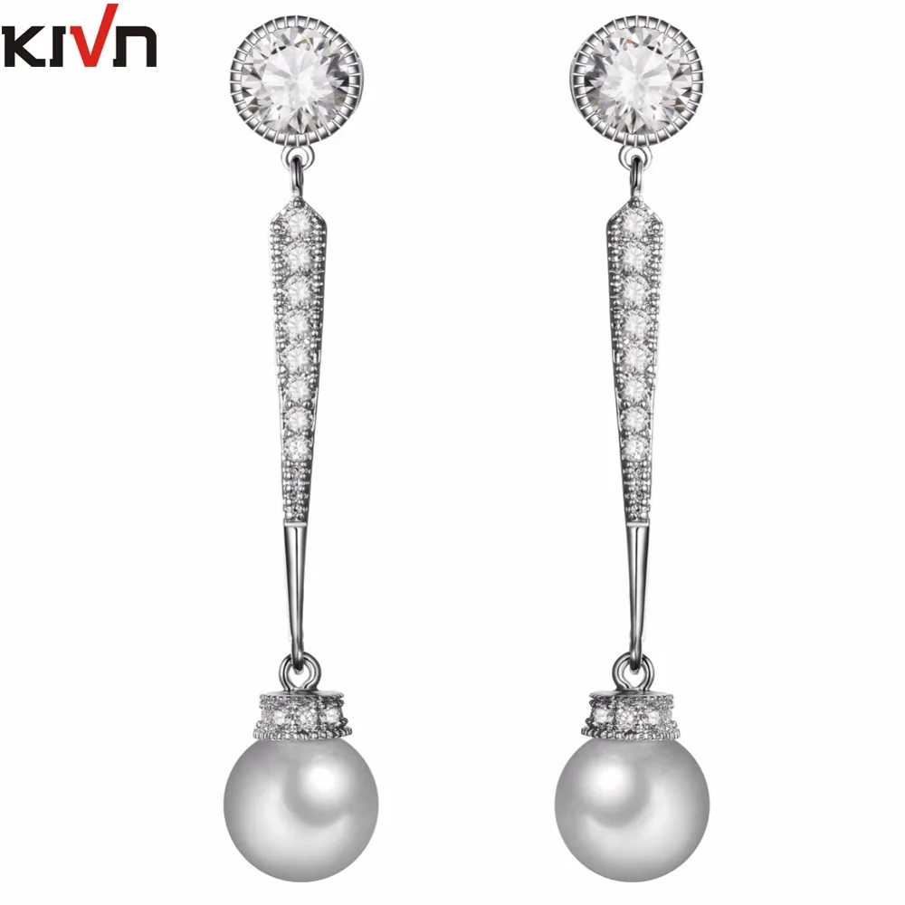 

KIVN модные ювелирные изделия, роскошные Висячие висячие серьги с фианитом, свадебные серьги с искусственным жемчугом для женщин и девочек, п...