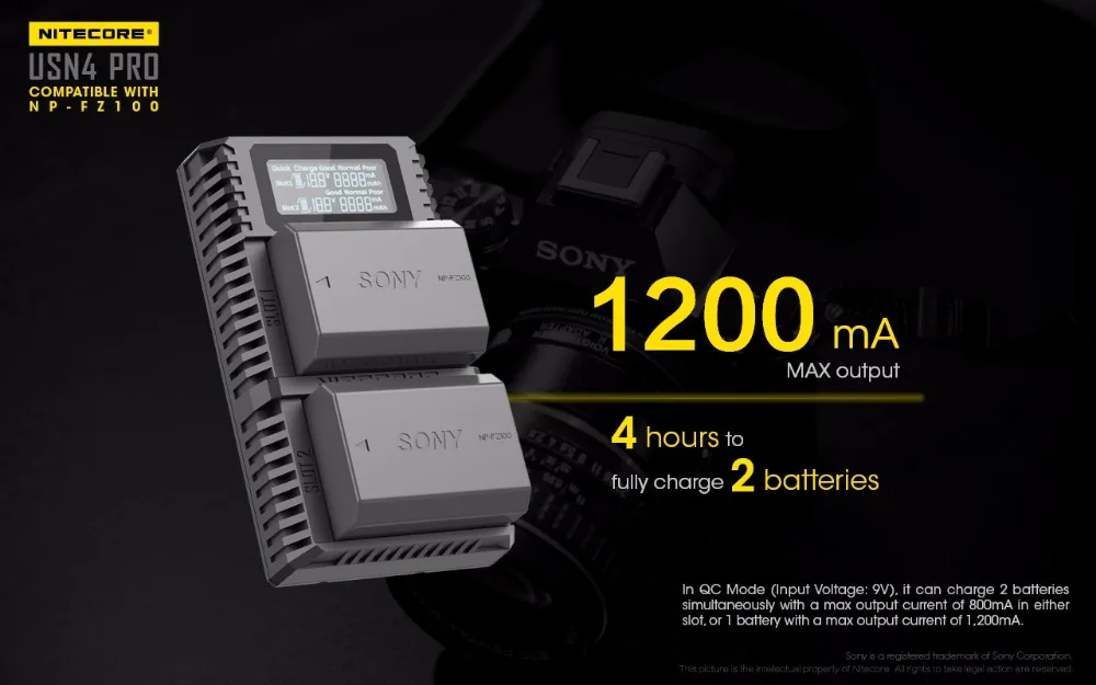 Nitecore USN4 PRO цифровой двойной слот Путешествия Камера зарядное устройство для sony NP-FZ100 батареи, совместимый с a7 III, a7R III, a9