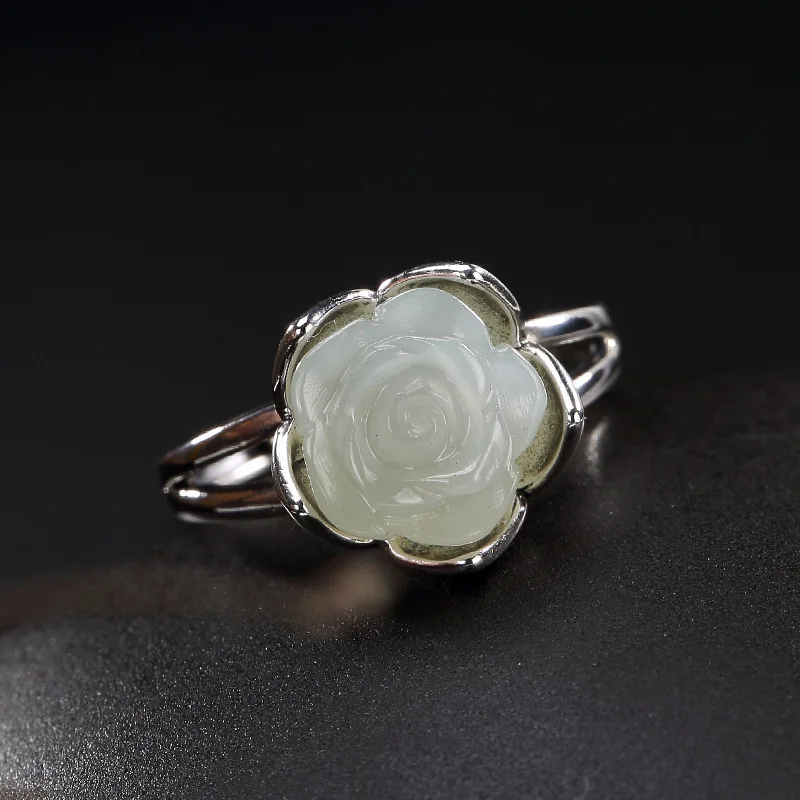 

Hot Sale S925 pure silver inlay restoring ancient ways ms hetian jade white jade roses open ring ring wholesale