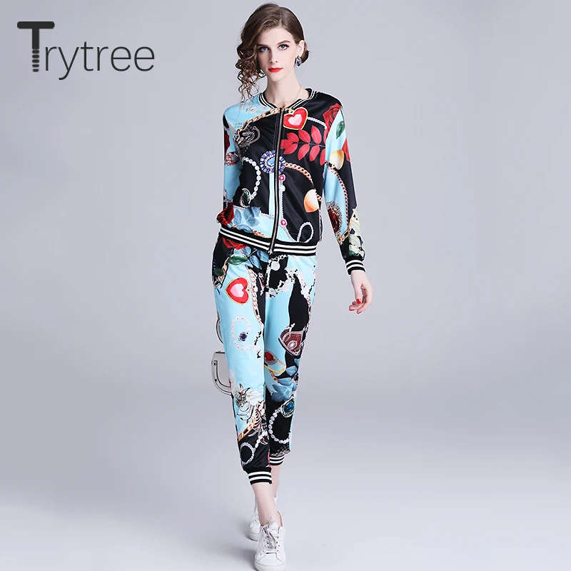 Женский комплект из двух предметов Trytree с принтом шелковистый топ на молнии o